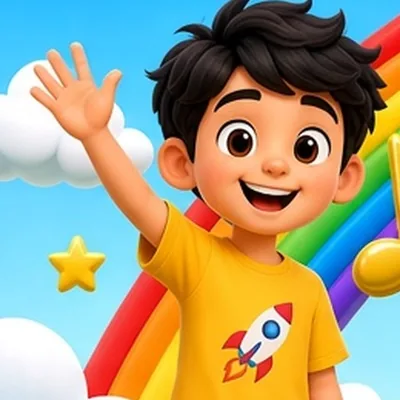 Gabby, a smiling boy with wavy dark hair in a yellow rocket t-shirt, waving
