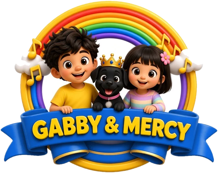 Gabby and Mercy logo: Gabby, Mercy and Sophie the puppy under a rainbow