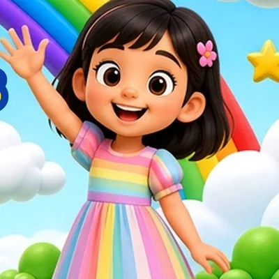 Mercy, a happy little girl with dark hair and a pink flower clip in a rainbow-striped dress, waving