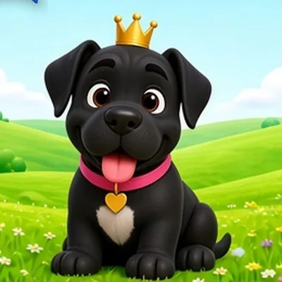 Sophie, a black Great Dane puppy with a tiny gold crown and pink collar, sitting in the grass